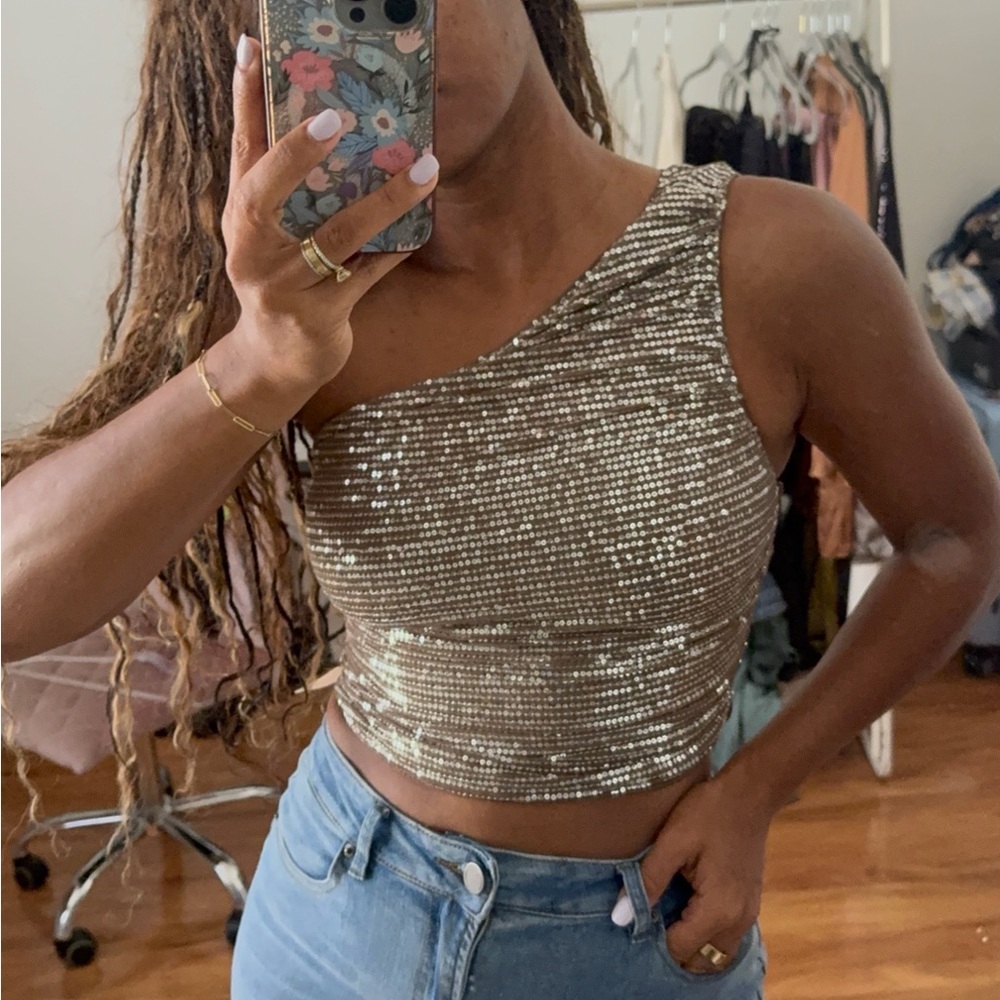 Silver Sequin One-Shoulder Top